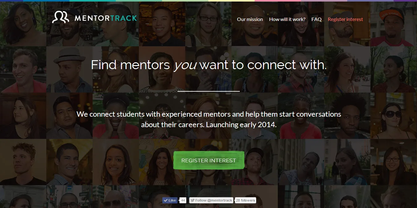 Dark landing page headlined "Find mentors you want to connect with." over a grid of portrait photos.