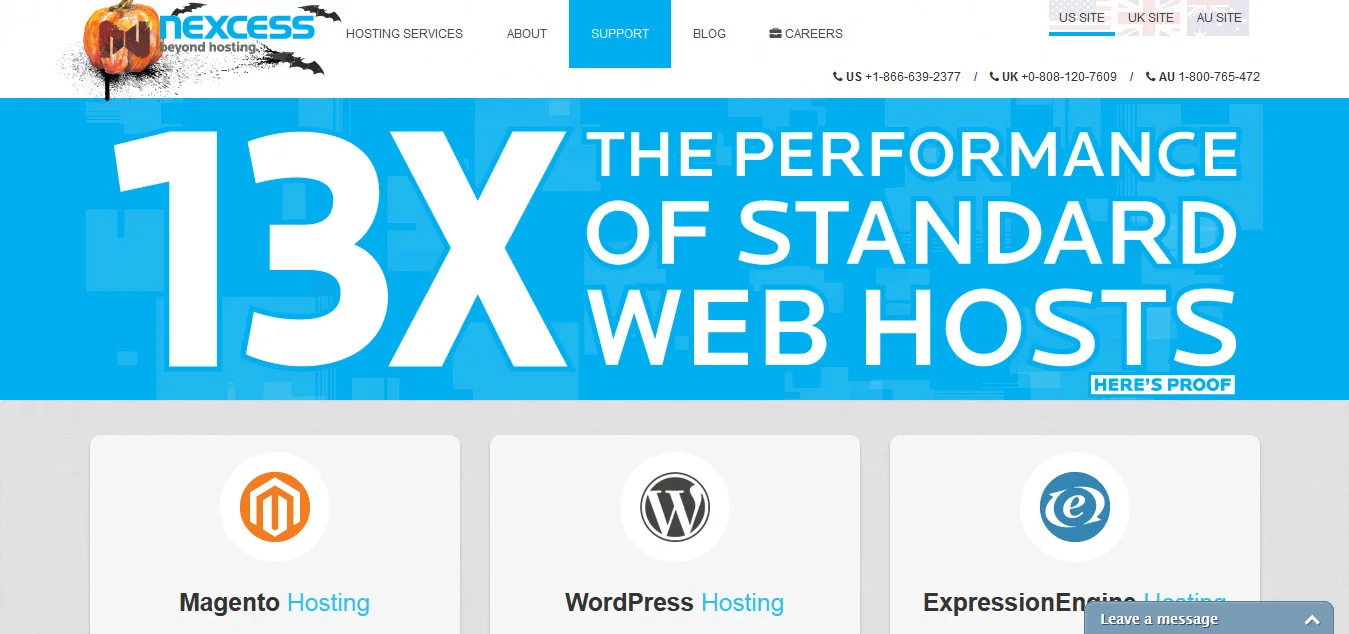 Hosting landing page headlined "13X THE PERFORMANCE OF STANDARD WEB HOSTS" with platform hosting tiles.