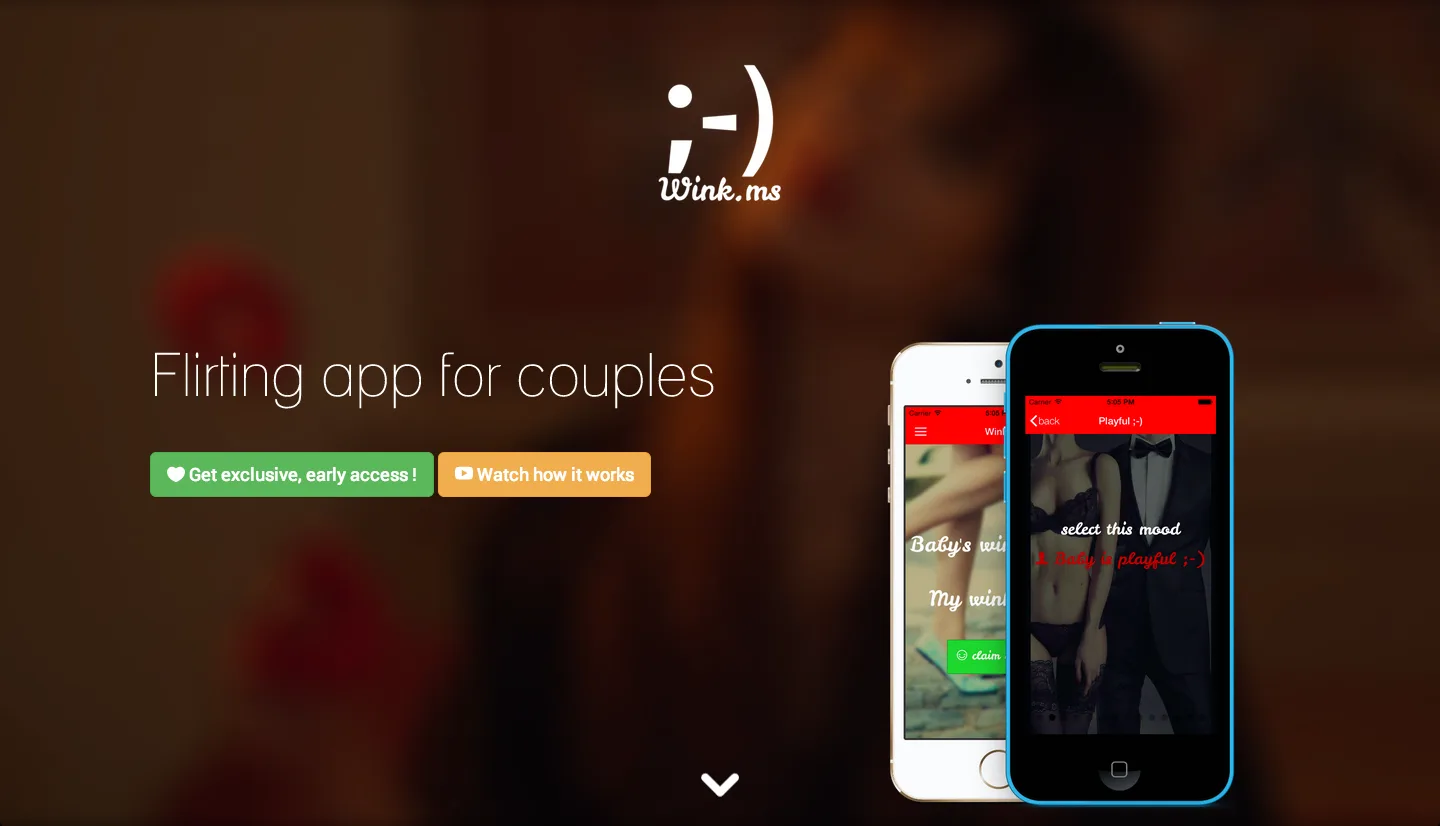 Dark homepage 'Flirting app for couples' with phone mockups.