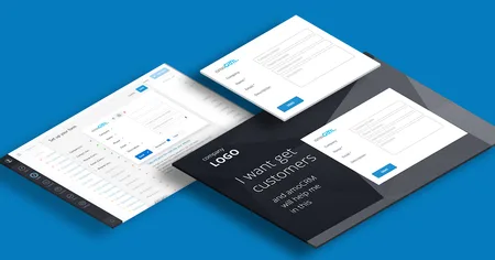 Angled render of amoCRM form screens on a blue background with the text 'I want get customers'.