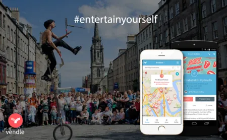 Banner '#entertainyourself' with a street performer, a crowd and two phone mockups.