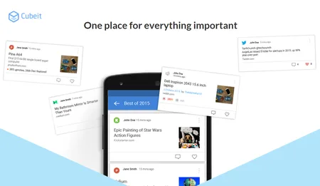 'One place for everything important' with an Android phone and floating content cards.