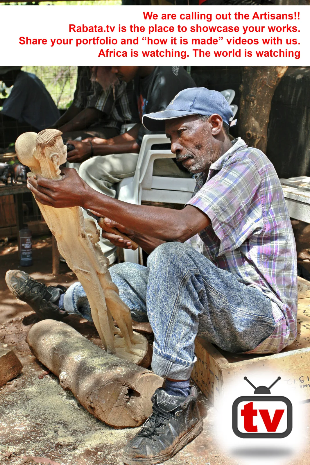 Portrait poster with a photo of a man carving wood and red text calling on artisans.