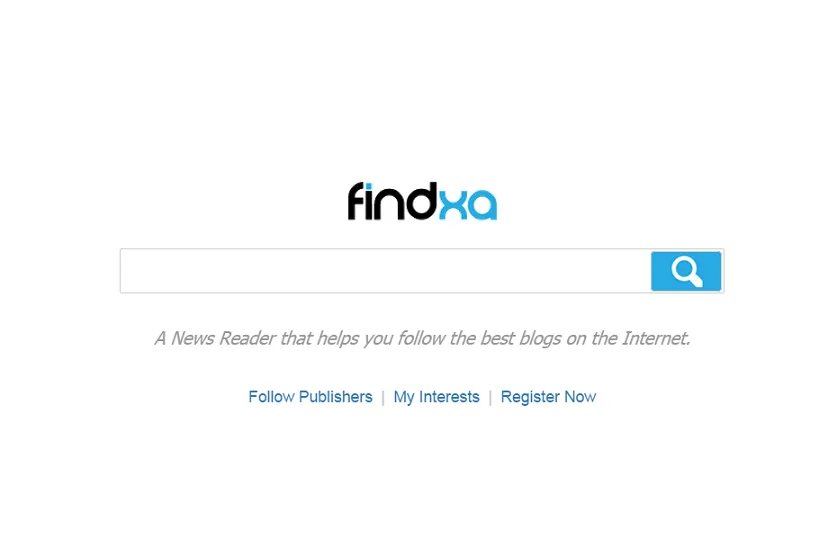 Minimal findxa search page with a search box and 'A News Reader that helps you follow the best blogs'.