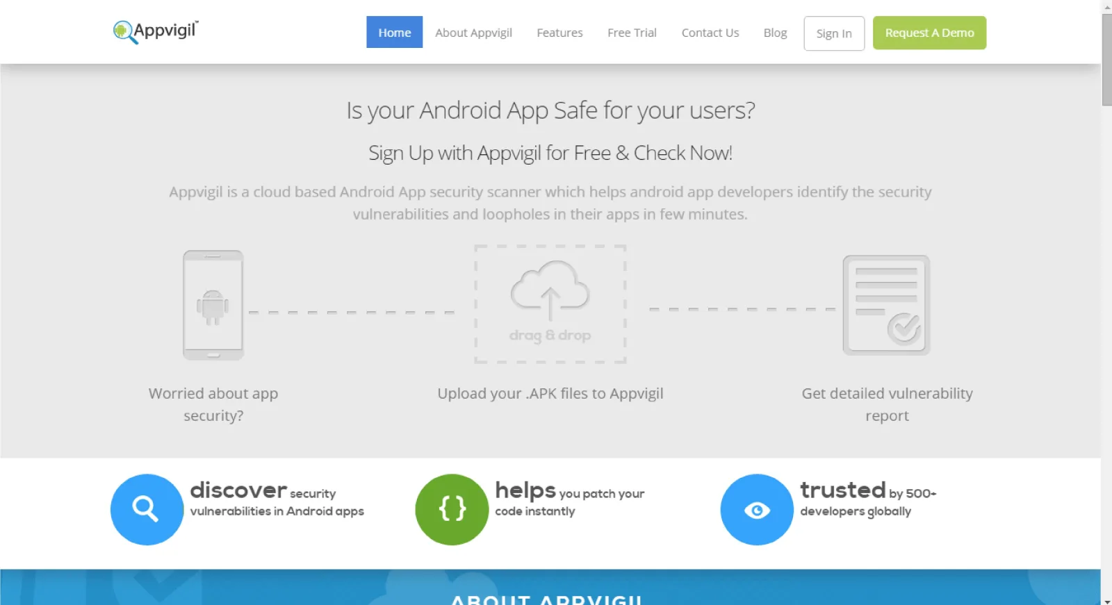 Homepage 'Is your Android App Safe for your users?' with upload steps and feature icons.