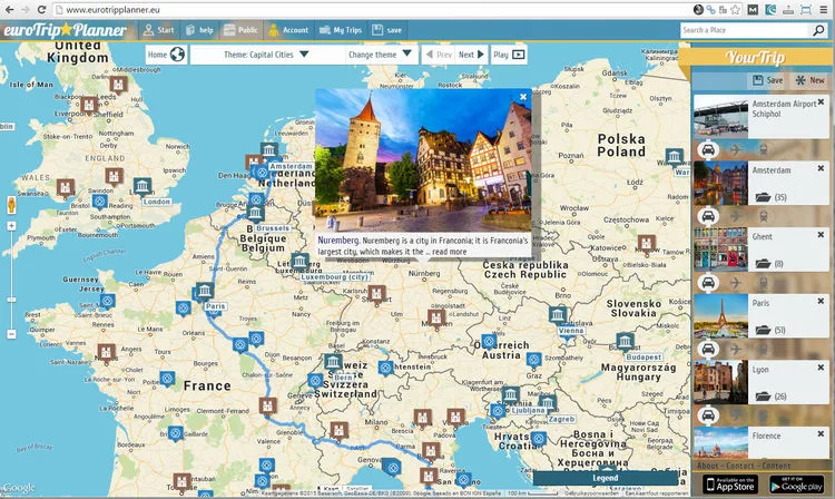 Map of Europe with trip markers, a town photo popup and a sidebar list.
