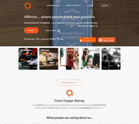 Affimity page 'where people share your passions' with a row of photo channel tiles and app store buttons.