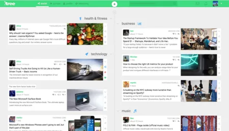 Content feed with posts grouped under health & fitness, technology, business and music.