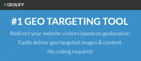 Blue Geolify banner '#1 Geo targeting tool' with lines about redirecting visitors by location.