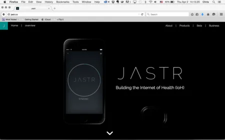 Dark landing page in a browser window with a round device and the text "JASTR, Building the internet of Health".