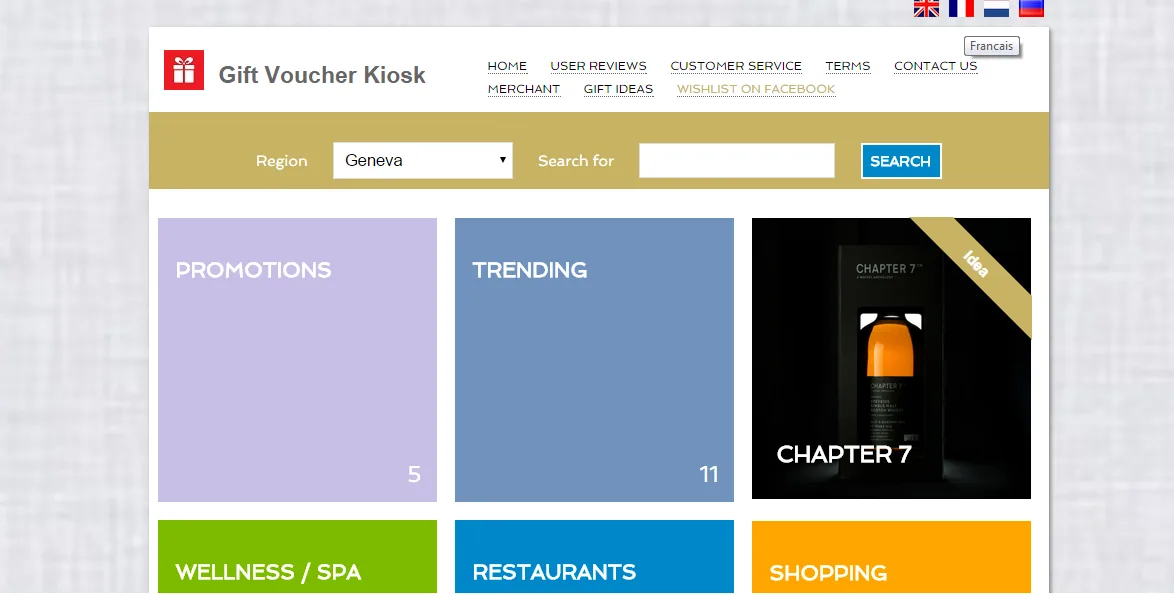 Gift Voucher Kiosk page with a region search and coloured category tiles.