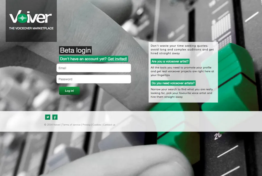Page 'Voiver The voiceover marketplace' with a beta login form over studio equipment.