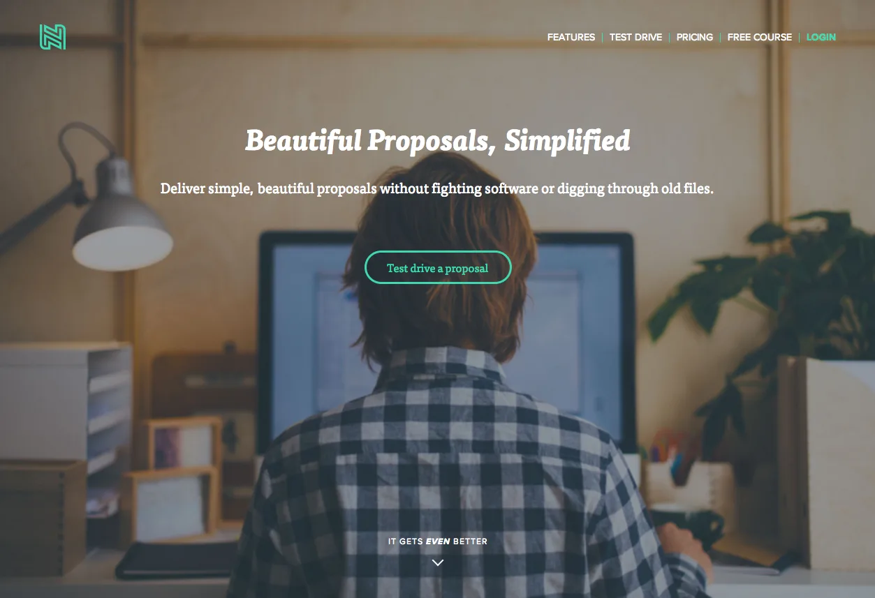 Landing page headlined "Beautiful Proposals, Simplified" over a photo of a man at a desk seen from behind.