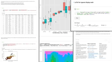 Notebook interface with code cells, a candlestick chart, a heatmap and scatter plots.