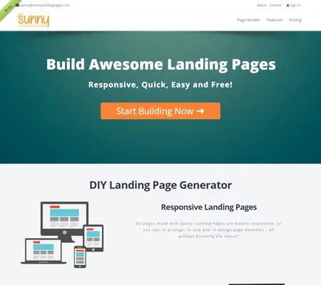 Teal hero 'Build Awesome Landing Pages' with a 'DIY Landing Page Generator' section and device icons.