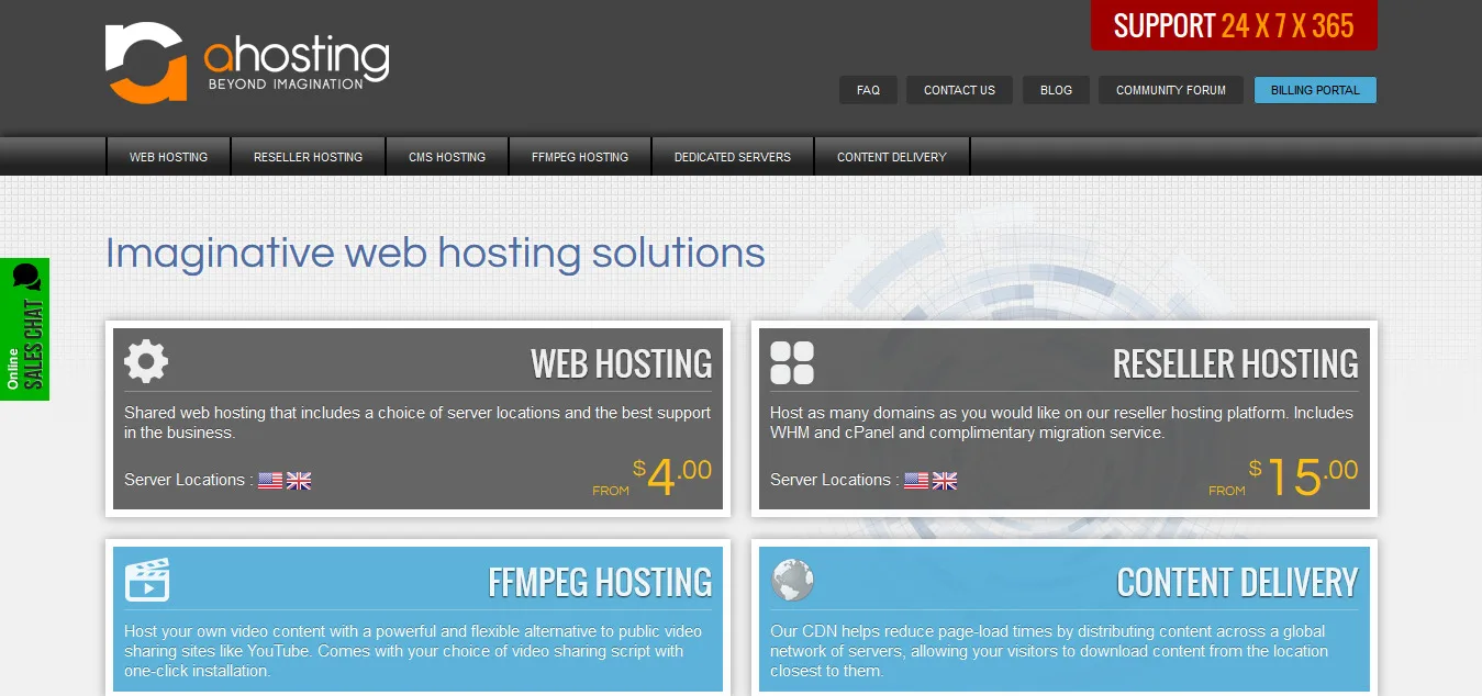 Ahosting homepage 'Imaginative web hosting solutions' with priced plan boxes for web and reseller hosting.