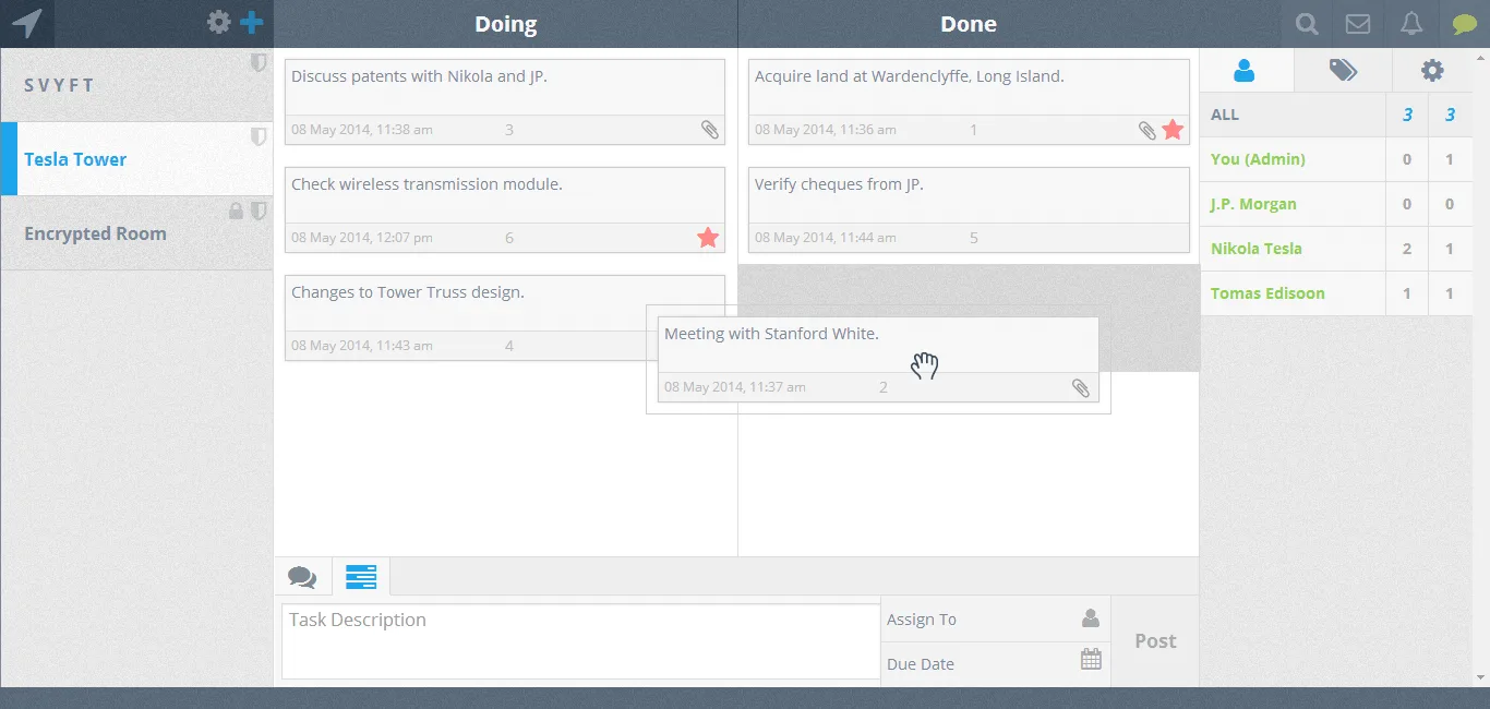 Task board with Doing and Done columns and a task detail panel.