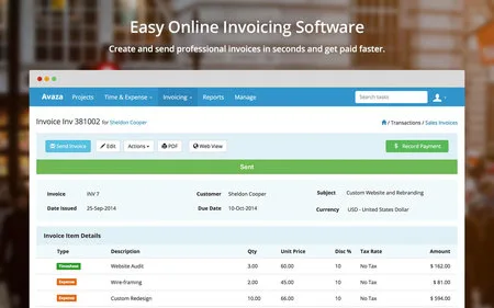 Invoice screen in a browser window under the headline 'Easy Online Invoicing Software'.