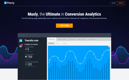 Dark landing page headlined "Maxly, the Ultimate in Conversion Analytics" with a dashboard chart screenshot.