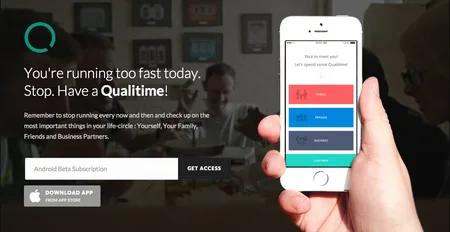 Dark landing page headlined "You're running too fast today. Stop. Have a Qualitime!" with a hand holding a phone.