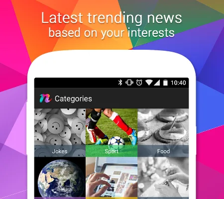 Promo graphic reading "Latest trending news based on your interests" with a phone showing news categories.
