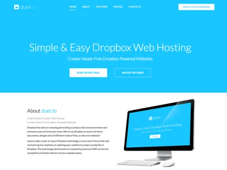 Blue duet page 'Simple & Easy Dropbox Web Hosting' with an iMac.