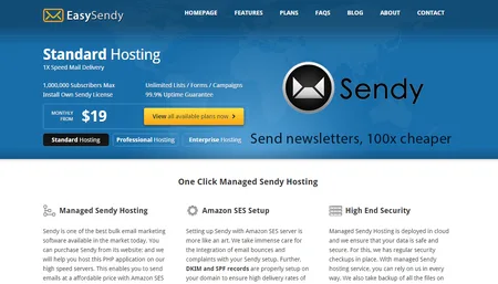EasySendy page 'Standard Hosting' with the Sendy logo, a $19 price and 'Send newsletters, 100x cheaper'.
