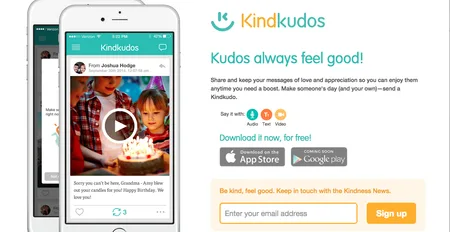 Landing page headed "Kudos always feel good!" with a phone showing a video of a child at a birthday cake.