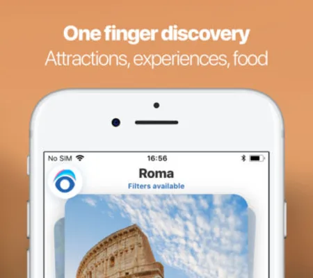Orange panel 'One finger discovery' above an iPhone showing a Roma screen with the Colosseum.