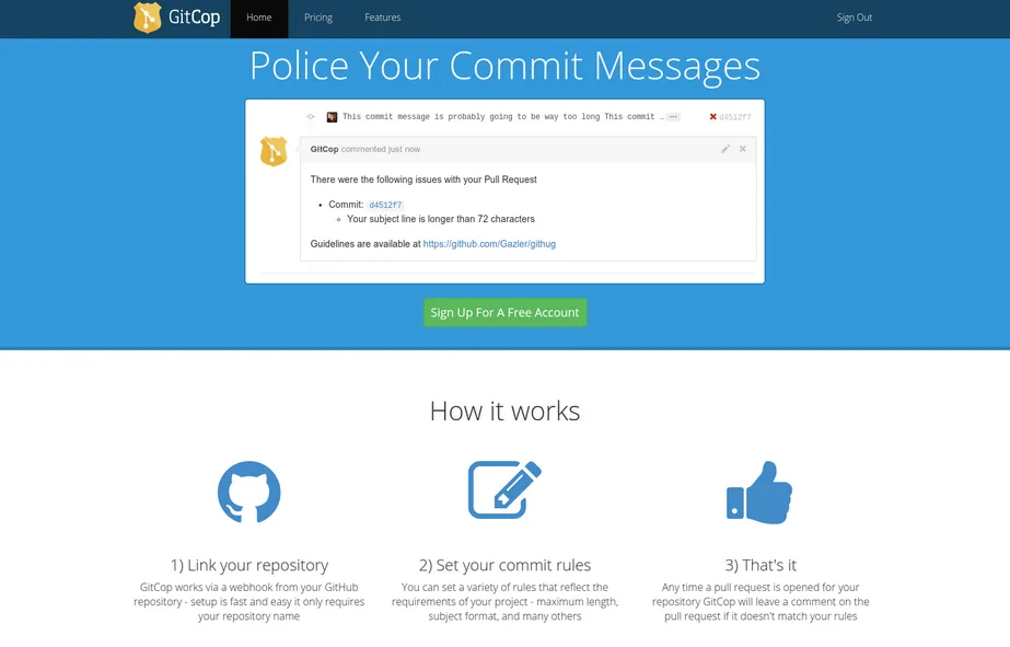GitCop page 'Police Your Commit Messages' with a screenshot and 'How it works' icons.