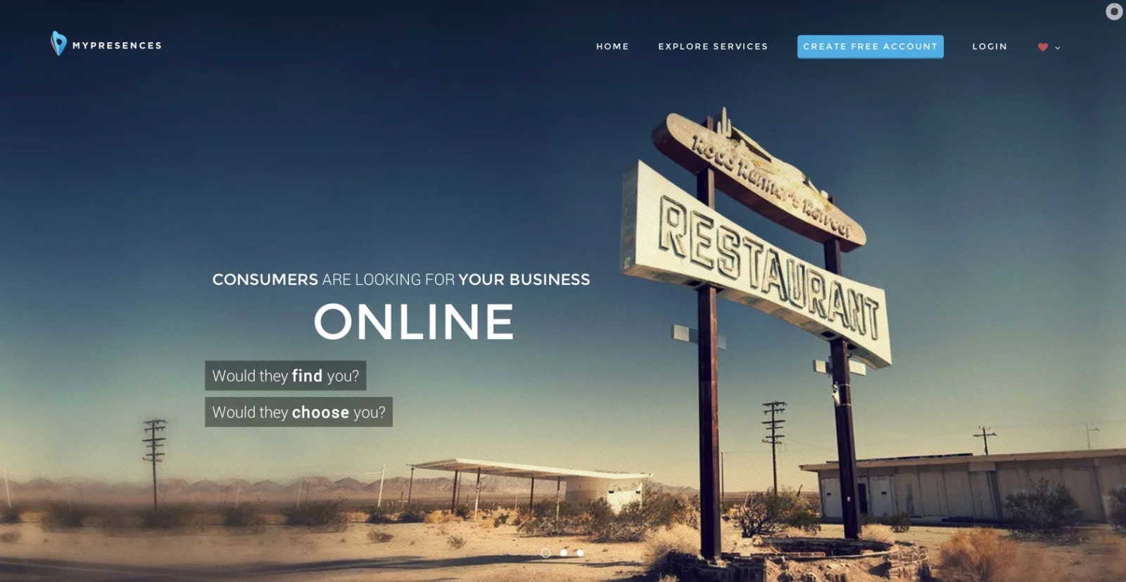 Landing page with a desert restaurant sign photo and the headline "Consumers are looking for your business online".
