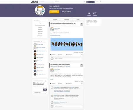 Social Q&A feed with profile header, posts and a follower list.