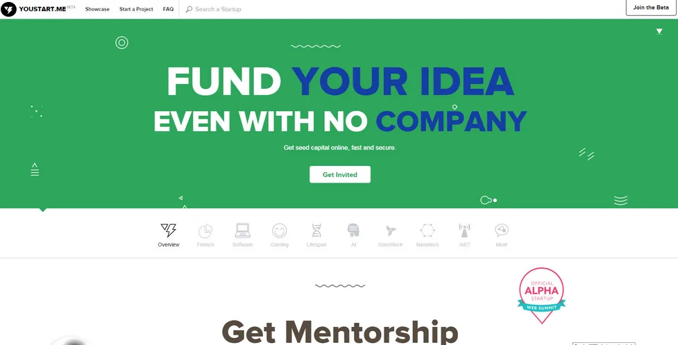 Homepage 'Fund your idea even with no company' and 'Get Mentorship'.