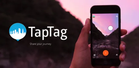TapTag logo with 'Share your journey' beside a hand holding a phone at sunset.