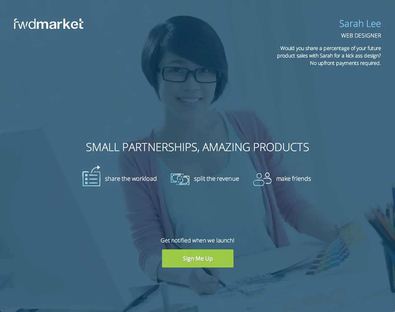 Fwdmarket page with a blue-tinted photo of a woman and 'Small partnerships, amazing products'.