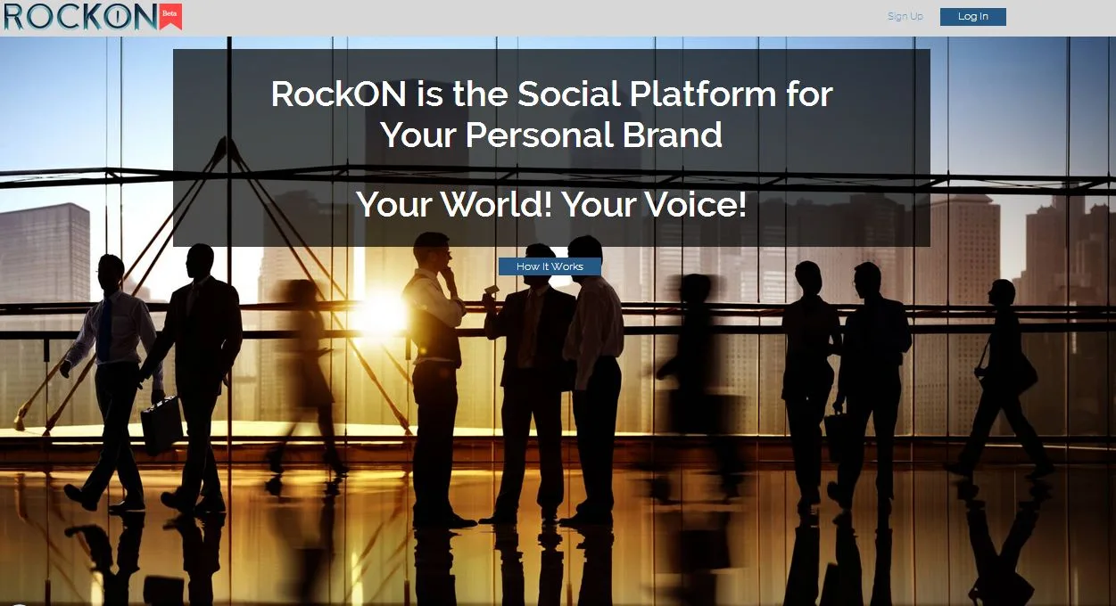 Homepage 'RockON is the Social Platform for Your Personal Brand' over silhouettes of people at sunset.