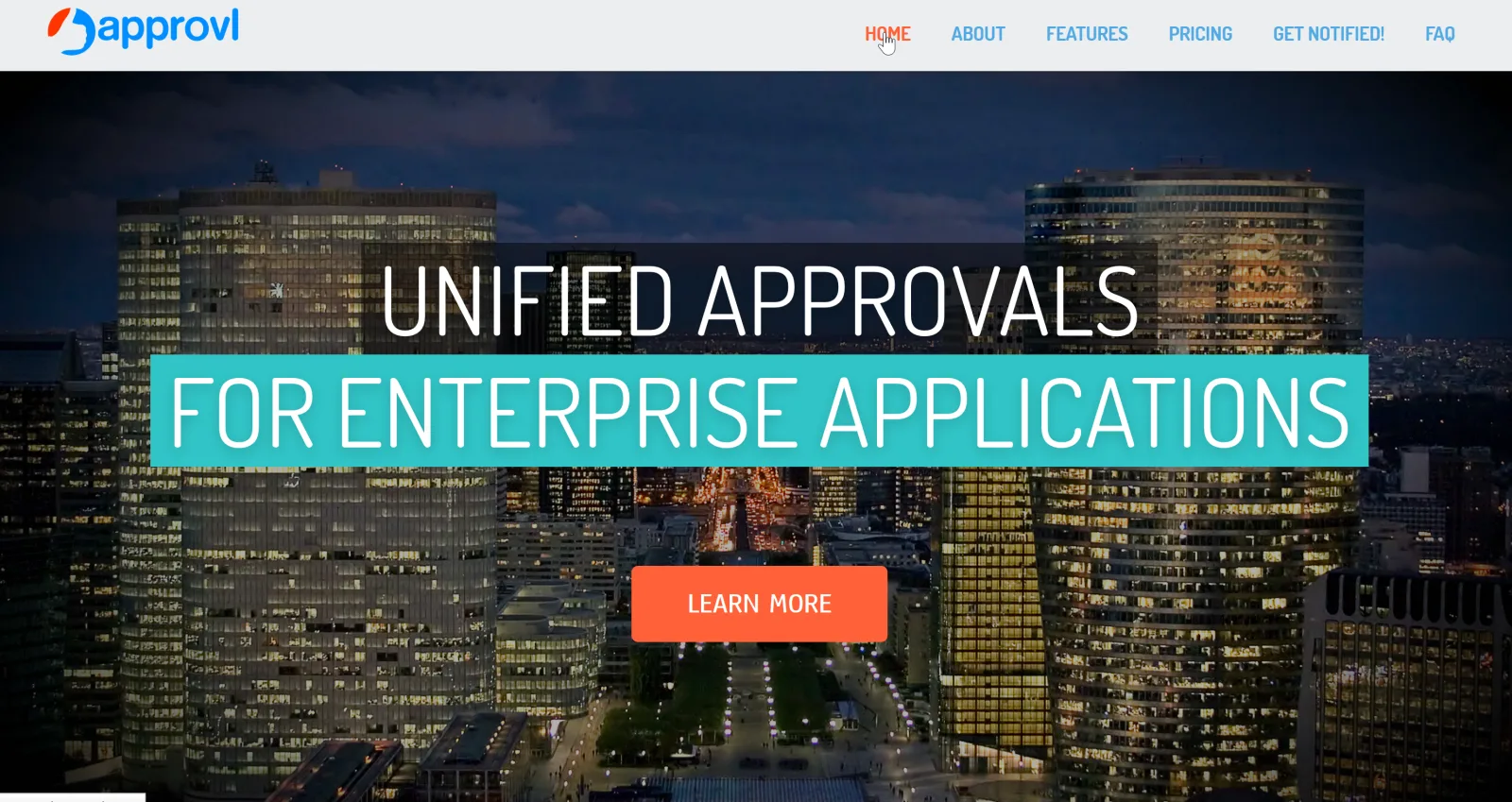 Approvl hero over a night city skyline reading 'Unified approvals for enterprise applications'.