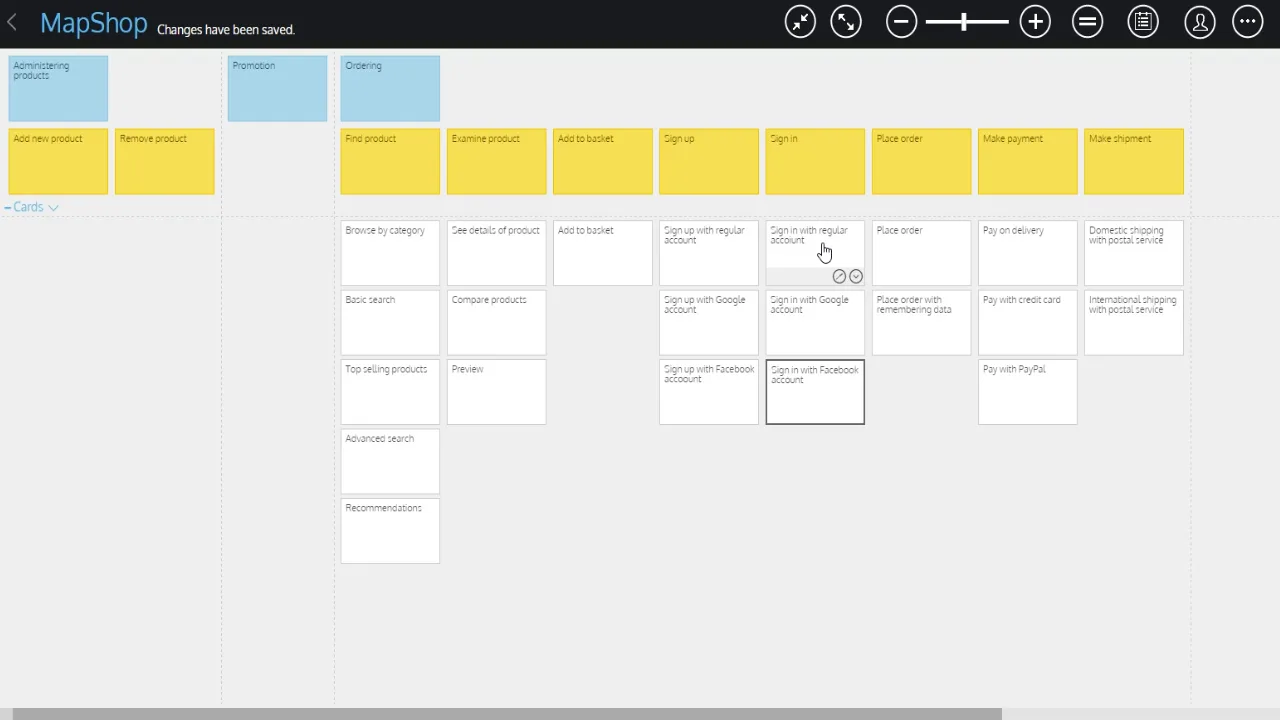 Story map canvas with a row of yellow cards and a toolbar.