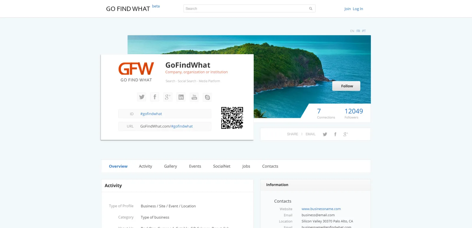 GoFindWhat business profile with a coastal cover photo, a QR code and tabbed details.
