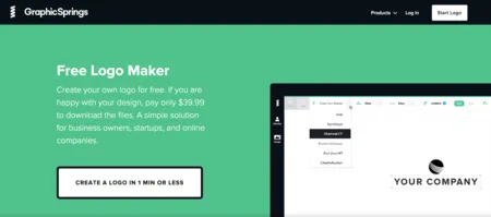 Green GraphicSprings page 'Free Logo Maker' with a logo editor screenshot.