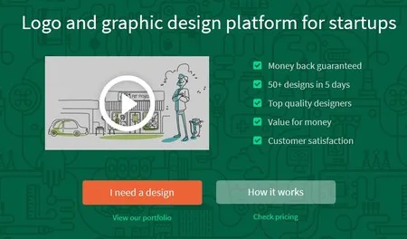 Green page 'Logo and graphic design platform for startups' with a video thumbnail and a checklist.