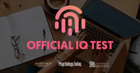 Header graphic reading "OFFICIAL IQ TEST" with a fingerprint icon above institution logos.