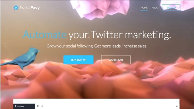 Homepage 'Automate your Twitter marketing.' with a blue bird on a pink landscape.