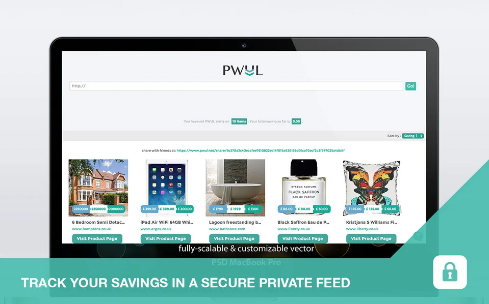 Laptop showing a product feed grid above the banner "TRACK YOUR SAVINGS IN A SECURE PRIVATE FEED".