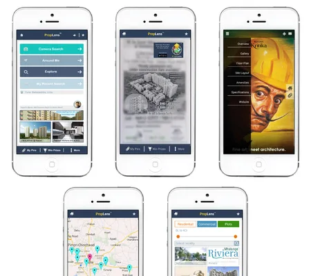 Five phones showing property listing, detail and map screens.