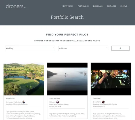 Droners.io 'Portfolio Search' with a pilot search form and aerial photo cards.