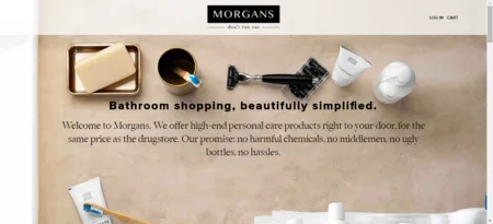 Landing page headlined "Bathroom shopping, beautifully simplified." with a flat-lay of toiletries.