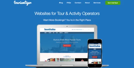 Homepage 'Websites for Tour & Activity Operators' with laptop and phone mockups.