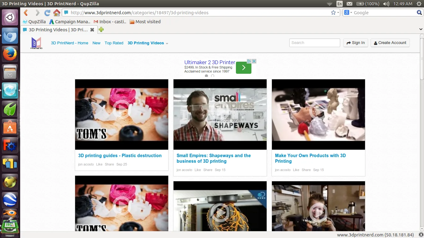 3D PrintNerd video listing page with a grid of 3D printing video thumbnails, in a browser on a Linux desktop.