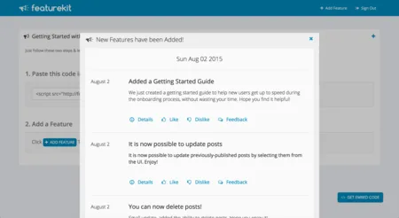 FeatureKit changelog panel 'New Features have been Added!' over an app page.